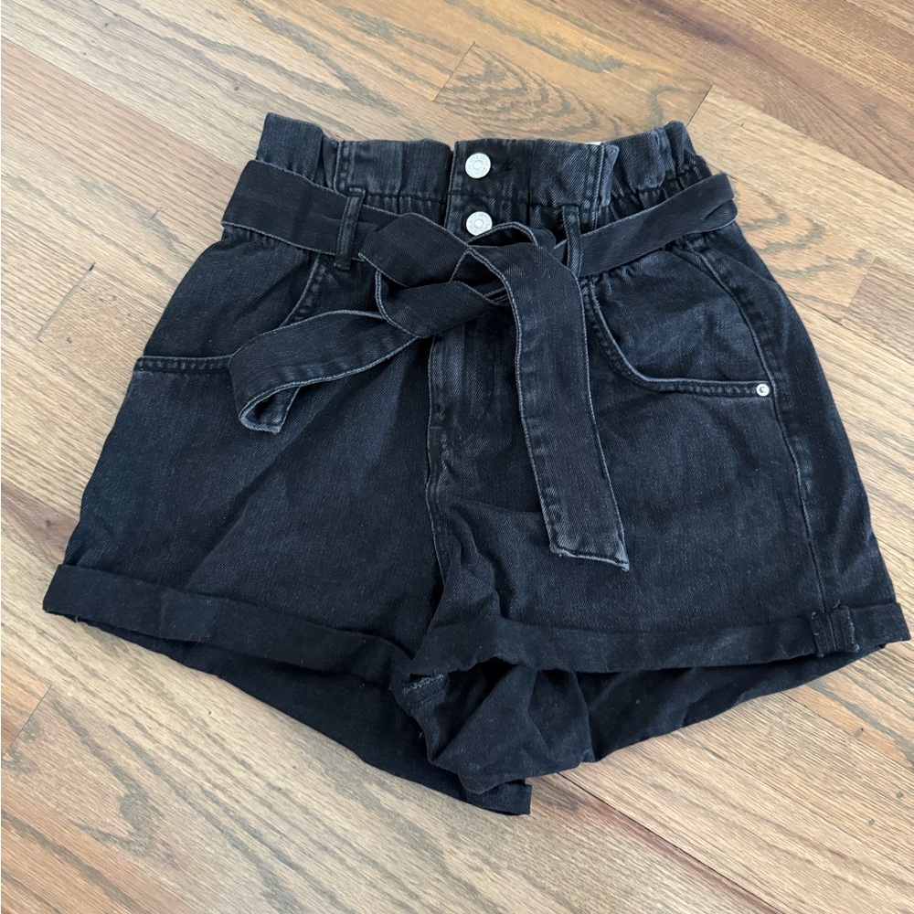 Zara Black Hi-Rise Bermuda Shorts with Tie Belt